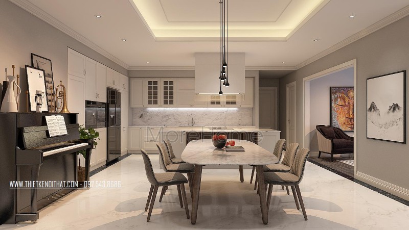 Thiết kế phòng ăn và phòng bếp liền kề nhau, bàn ăn được đặt giữa không gian thiết kế khá đơn giản với 6 chiêc ghế Grance bọc nệm và chiếc bàn với mặt bàn được làm bằng đá nhân tạo Ơđẹp mắt| ấn tượng} Cách bố trí bộ bàn ghế ăn đúng điệu nhất dành cho mọi không gian