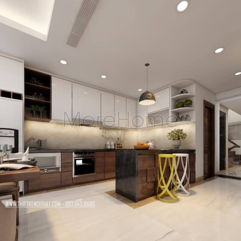 Mẫu tủ bếp hiện đại gỗ công nghiệp với tông màu nâu trắng cho không gian ấm cúng của gia đình Thiết kế phòng bếp, tủ bếp đẹp