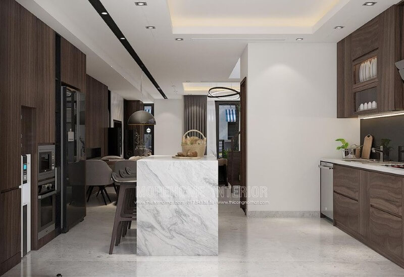 Tủ bếp gỗ An Cường sậm màu kết hợp bàn đảo ốp đá tạo nên vẻ đẹp sang trọng cuốn hút cho phòng bếp. Thiết kế phòng bếp, tủ bếp đẹp