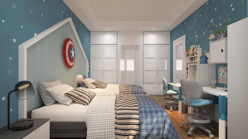 Nếu bạn đang băn khoăn thiết kế phòng vệ sinh khép kín liền mạch với phòng ngủ của 2 cậu con trai thì ý tưởng sử dụng phòng tắm đi từ cửa giữa 2 tủ quần áo âm tường là một cách sắp xếp khá độc đáo vừa tinh gọn vừa đẹp. Thiết kế phòng ngủ biệt thự