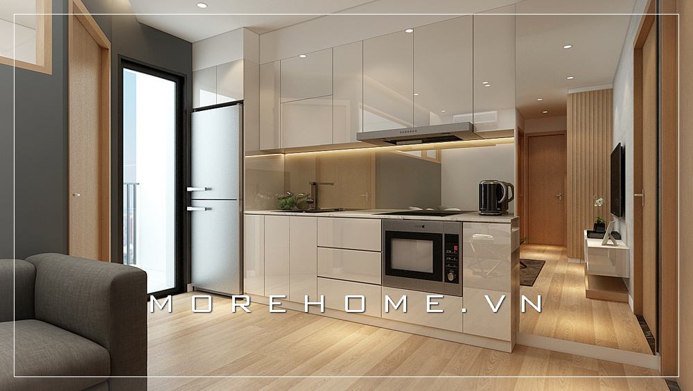 Thiết kế nội thất phòng bếp đơn giản, tone màu trắng chủ đạo tạo nên không gian sáng, thoáng mát và hiện đại hơn Thiết kế nội thất phòng bếp