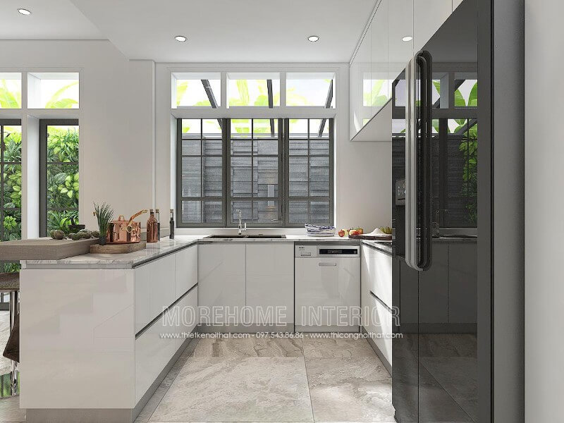 Tủ bếp treo trên kết hợp tủ bếp dưới, với sự phân chia ngăn tủ khoa học, hợp lí tạo cho bạn có thể lưu trữ vật dụng nhà bếp, cũng như gia vị nấu ăn Tủ bếp đẹp