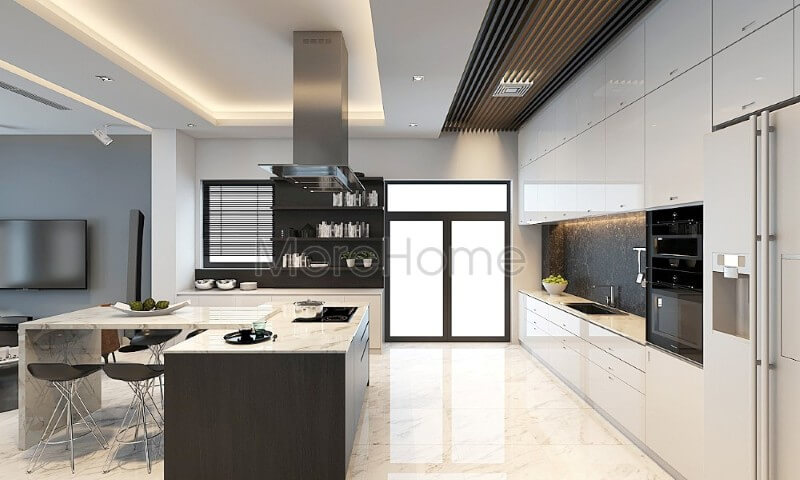 Trang trí chung cư với tủ bếp hiện đại màu trắng, bề mặt bếp được ốp đá nhân tạo cao cấp đảm bảo luôn sang trọng và sạch sẽ Tủ bếp đẹp
