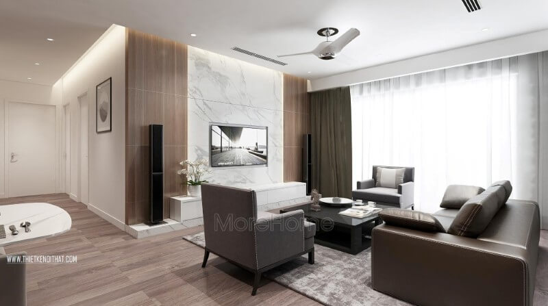 Thiết kế phòng khách chung cư cao cấp không quá cầu kỳ vào từng chi tiết trang trí, hầu hết các hình khối và đường nét sử dụng là các chi tiết đơn giản nhưng vẫn đảm bảo được sự sang trọng và tiện nghi của không gian này Thiết kế phòng khách chung cư