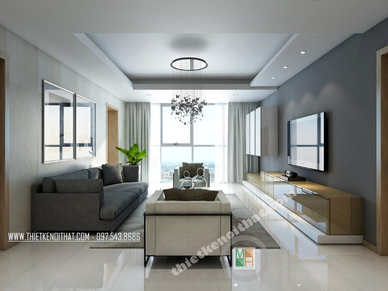 Mẫu thiết kế phòng khách chung cư đẹp với bộ sofa bọc vải xám và trắng ấn tượng, kết hợp cách đồ nội thất nhỏ gọn mang đến không gian thoáng đãng.