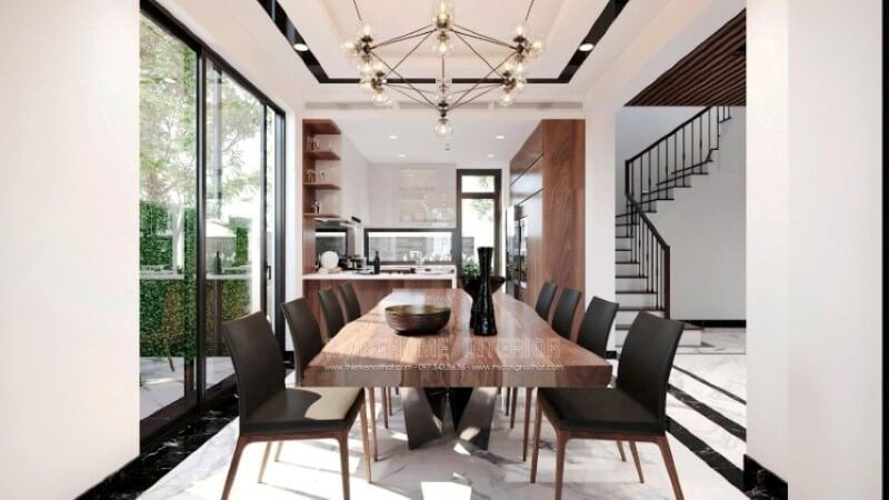 Bố trí nội thất phòng ăn hiện đại ấn tượng với cách phối màu độc đáo giữa tone màu gỗ trầm ấm kết hợp cùng gam màu sáng từ đá lát sàn.