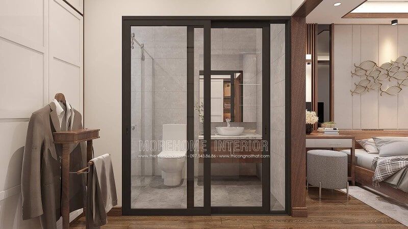 Là mẫu trang trí nội thất phòng ngủ khép kín phong cách hiện đại khá phù hợp cho các bạn nam thanh niên mới lớn hay người đi làm, ý tưởng sử dụng kệ để quần áo tiện lợi sẽ là ý tưởng giúp bạn tiết kiệm đáng kể thời gian tìm trang phục ưng ý.