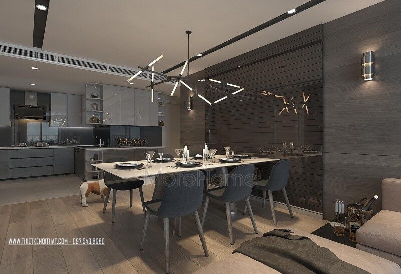 Bộ bàn ăn 6 người hiện đại tông màu nâu trầm ấm, được thiết kế ấn tượng với chi tiết đèn trang trí nghệ thuật