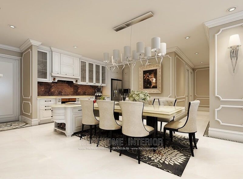 Bộ bàn ăn biệt thự cao cấp với thiết kế sang trọng, tinh tế với 6 ghế ăn gỗ bọc da cao cấp mang đến một không gian phòng ăn mơ ước cho gia chủ