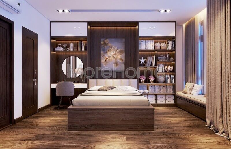 Kệ trang trí phòng ngủ liền với bàn trang điển đẹp là điểm nhấn của phòng