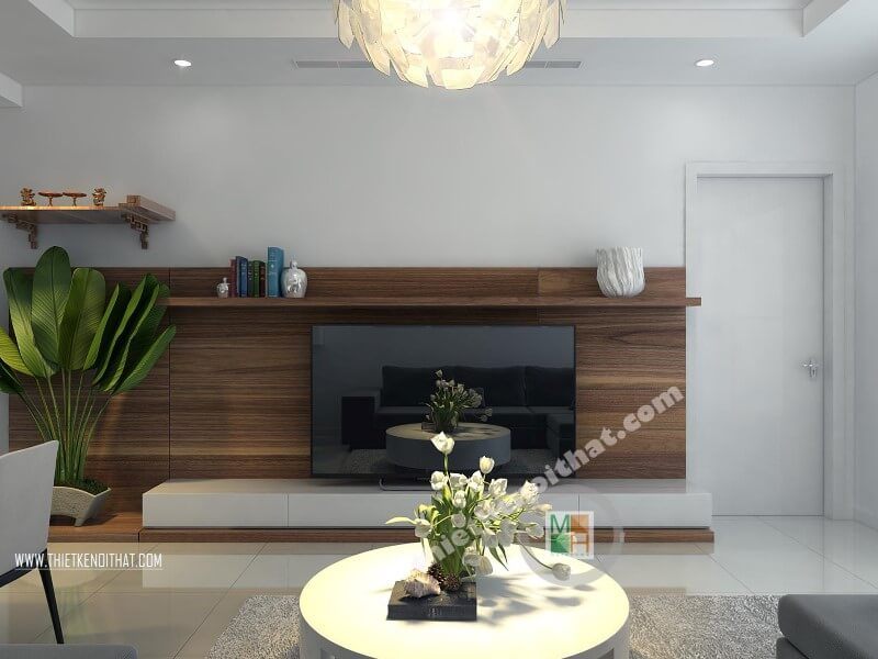 Để giúp tiết kiệm diện tích cho phòng khách, gia chủ có thể sử dụng kệ ti vi treo tường mang đến vẻ đẹp hiện đại mà không kém phần tinh tế