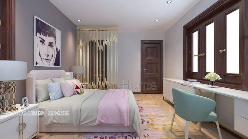 Trang trí phòng ngủ con gái siêu dễ thương, sự xuất hiện của màu hồng baby, màu xanh trẻ trung và màu xám ấm áp. Với bức tranh đầu giường cho thấy được cô gái lớn có tính cách mạnh mẽ và độc lập