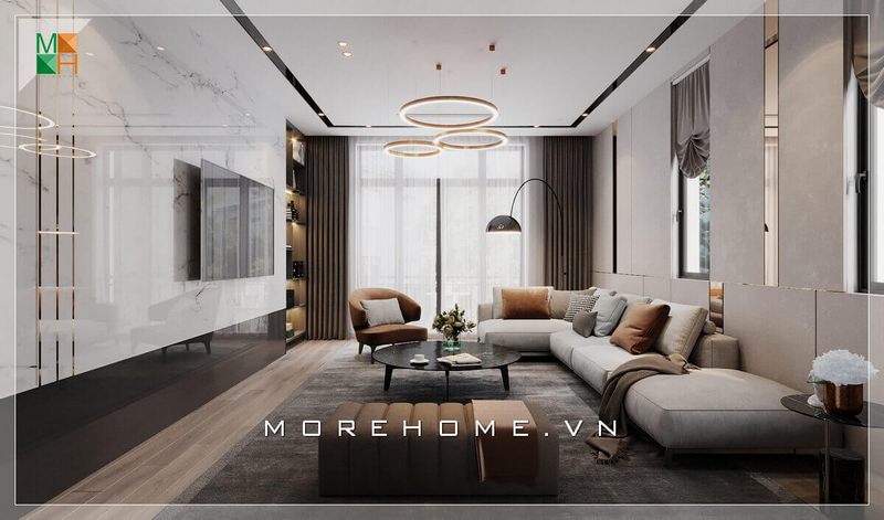 Gợi ý mẫu sofa chữ L và băng sofa bọc vải rất ấn tượng và đẳng cấp phù hợp cho không gian phòng khách này.