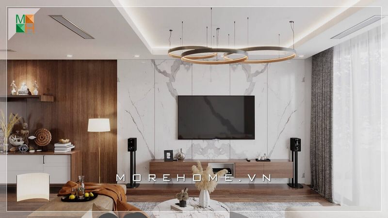 . Thiết kế phòng khách đơn giản nhưng hiện đại, không quá phức tạp nhưng vẫn có thể gây ấn tượng cho bất cứ vị khách nào khi bước vào ngôi nhà của bạn. Tivi treo tường độc đáo, ốp tường gỗ kết hợp với đá ốp vân mây tạo nên không gian phòng khách trẻ trung mà ấn tượng, nội thất không quá nhiều nhưng vẫn đủ để sử dụng.