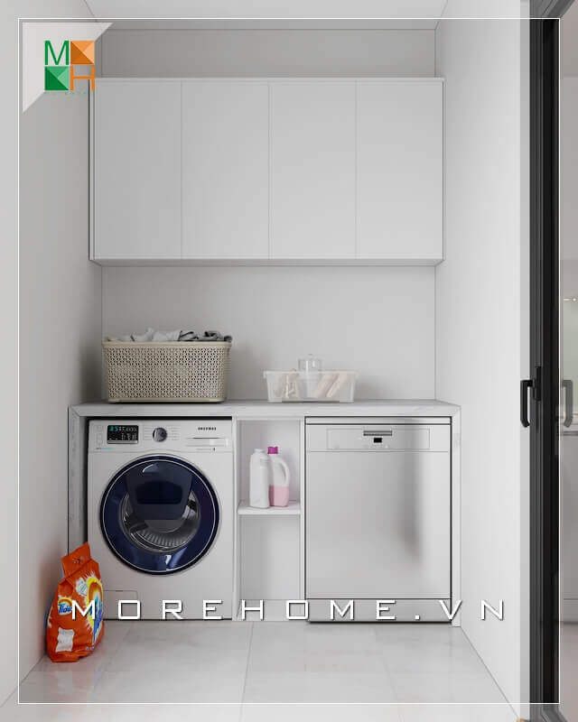Mẫu kệ tủ giặt đồ gỗ công nghiệp acrylic trắng có thiết kế hiện đại và treo tường, giúp tiết kiệm được diện tích không gian.
